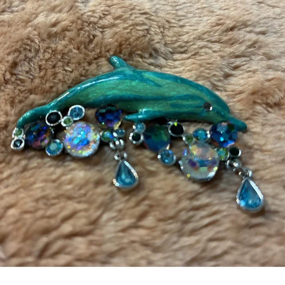 Kirks‎ Folly Dolphin Brooch Pin Teal Enamel AB Crystal Dangle Silver Tone 3 Inch